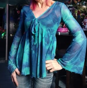 Blue/Green Tie-Dye Sheer Mesh Peplum Top